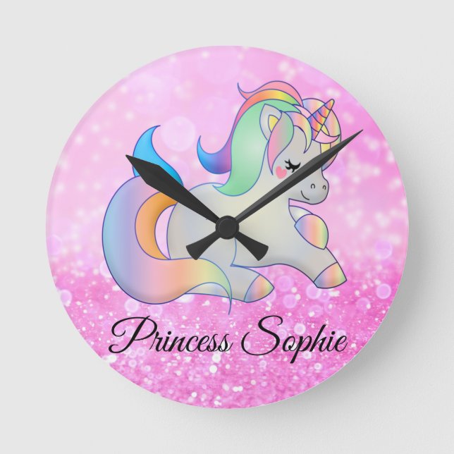 Horloge Ronde Cute rose paillette unicorn monogram (Recto)