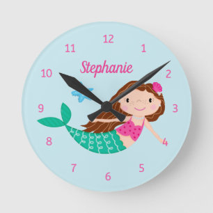 Horloge Ronde Cute sirène personnalisée bleu