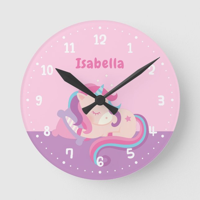 Horloge Ronde Cute Sleeping Unicorn Baby Girl Nursery rose (Recto)
