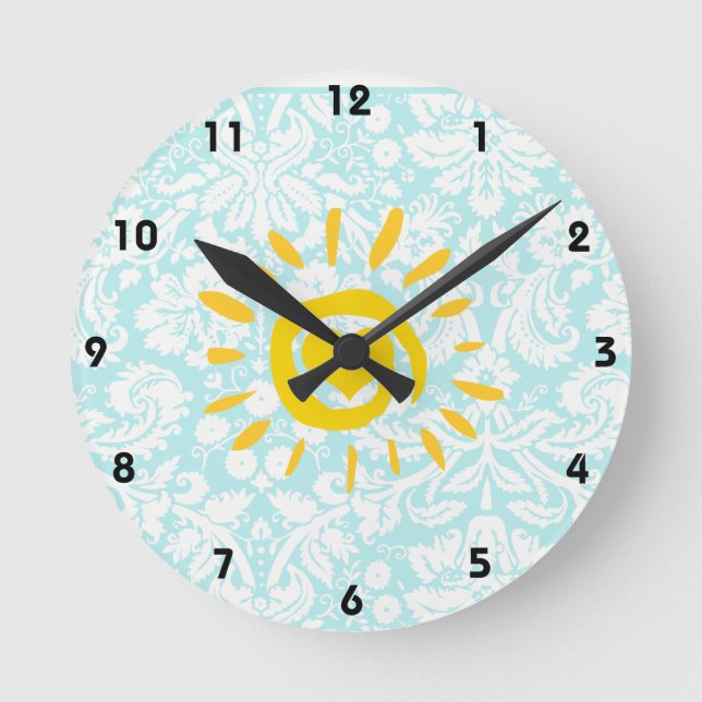 Horloge Ronde Cute Sun; Teal Damask (Recto)