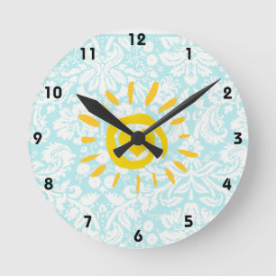 Horloge Ronde Cute Sun; Teal Damask