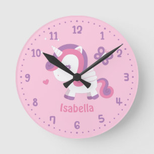 Horloge Ronde Cute Unicorn et Butterfly Girls Décor de la chamb