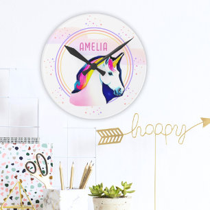Horloge Ronde Cute Unicorn Magical Stars Girl Name