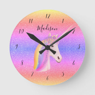 Horloge Ronde Cute Unicorn Rainbow Glitter Girl Personnalized