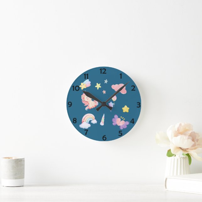 Horloge Ronde Cute Unicorn Rainbow motif de ballon coeur étoile (Maison)