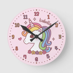 Horloge Ronde Cute Unicorn With Rainbow Mane Girls Room Decor