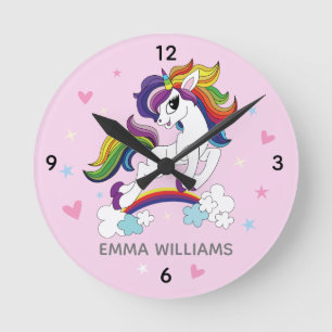 Horloge Ronde Cute Unicorne personnalisé Nom Pink Wall