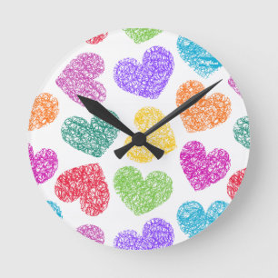 Horloge Ronde Cute Vibrant Doodled Heart Valentine's Day Motif