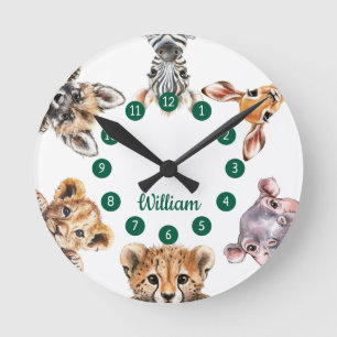 Horloge Ronde Cute Watercolor Safari Animaux Nursery