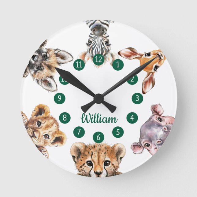 Horloge Ronde Cute Watercolor Safari Animaux Nursery (Recto)
