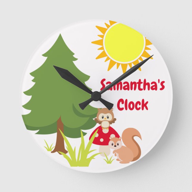 Horloge Ronde Cute Woodland Animals Écureuil & hibou Baby Nurser (Recto)