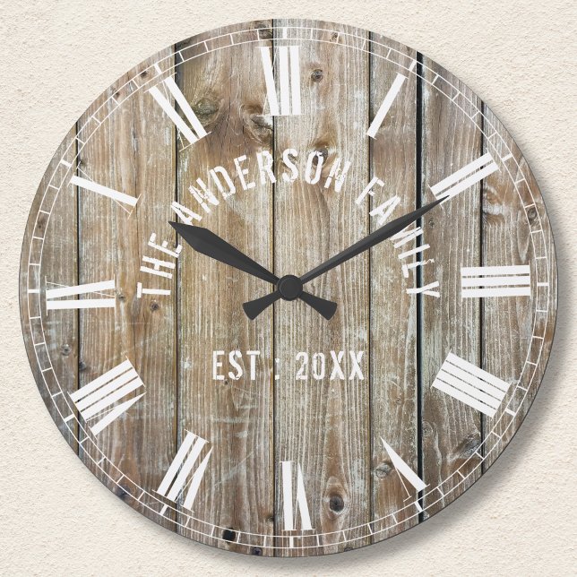 Horloge Ronde Cuves Rustiques Personnalisées Bois Nom de famille (Créateur téléchargé)