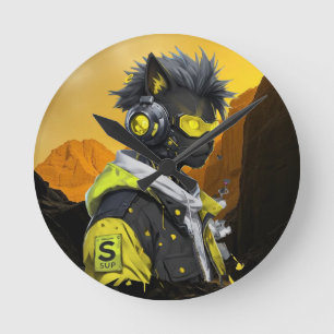 Horloge Ronde Cyber Cat   Chat Hacker Néon Futuriste Cyberpunk 