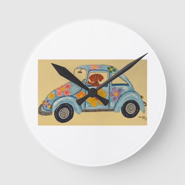 Horloge Ronde Dachshund dans une voiture hippie  (Recto)