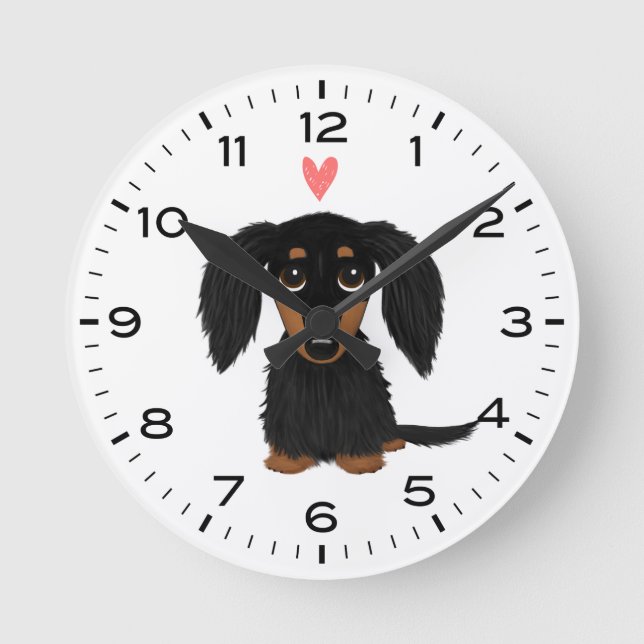 Horloge Ronde Dachshund noir et bronzé avec coeur (Recto)