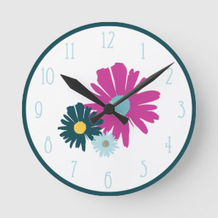 Horloge Ronde Daisy Garden Botanique Fleur sauvage Bleu foncé
