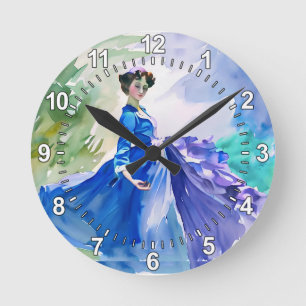Horloge Ronde Dame en Robe Bleue - Peinture aquarelle