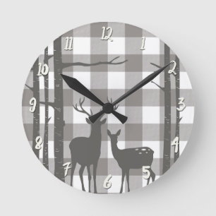 Horloge Ronde Damier écossais buffle gris rustique Cerfs et boul