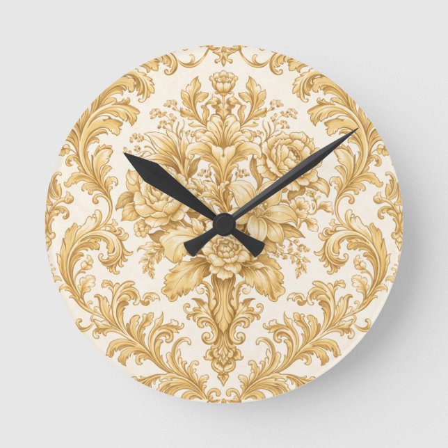 Horloge Ronde Damier Floral Doré (Recto)