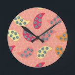 Horloge Ronde Dancing Boho Paisley<br><div class="desc">This 'Boho' range has matching accessories to throw cushions from, this one is deep peach with a delicate leaf panel to soft batik green, coral floral details. Add quality and richness to any interior or space - inspired by a touch of vintage paisley pattern in the patterns. There is a...</div>