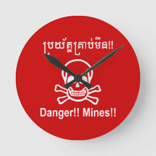 Horloge Ronde Danger ! ! Les mines ! ! SYMBOLE ☠ Cambodgien Khme