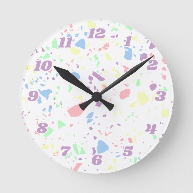 Horloge Ronde Danois Pastel Arc-en-ciel Blanc Terrazzo Numéroté (Recto)