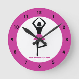 Horloge Ronde Danse ballerine noir, couleur rose chaud