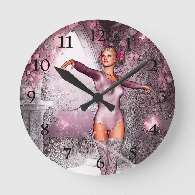 Horloge Ronde Danse rose ballerine et beaux papillons (Recto)