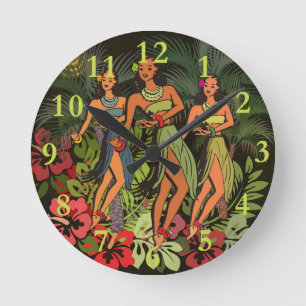 Horloge Ronde Danseuses Hula Vintage Hawaï Rétro Tiki Palmier