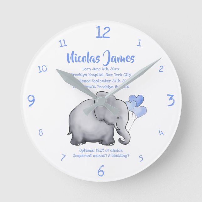Horloge Ronde Date de baptême personnalisée Baby Blue Elephant (Recto)