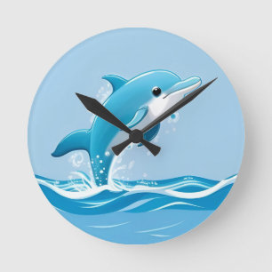 Horloge Ronde Dauphin Bleu Mignon Jouant Heureusement dans l'Eau