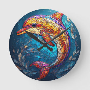 Horloge Ronde Dauphin dans un style artistique de vitrail comple