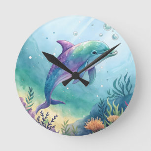 Horloge Ronde Dauphin peint à l'aquarelle
