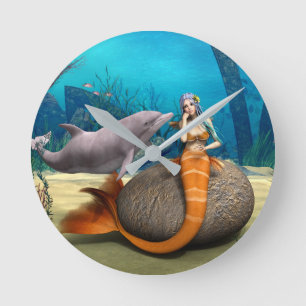 Horloge Ronde Dauphine sirène rêveuse Art fantastique sous-marin