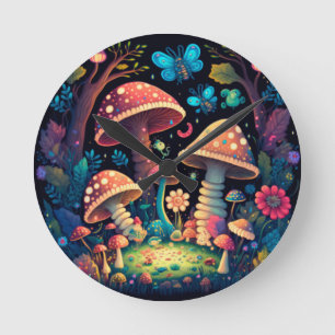 Horloge Ronde De beaux elfes mignons jouent sous les champignons