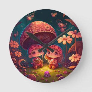 Horloge Ronde De mignons petits elfes jouent sous des champignon