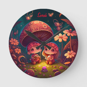 Horloge Ronde De mignons petits elfes jouent sous les champignon