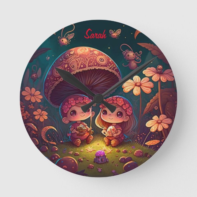 Horloge Ronde De mignons petits elfes jouent sous les champignon (Recto)