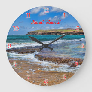 Horloge ronde de plage de Kauai avec chiffres roug