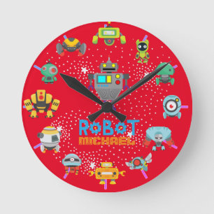 Horloge Ronde Décor de chambre ROBOT pour enfants rouge bleu nom