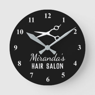 Horloge Ronde Décor personnalisé du salon de coiffure en noir 
