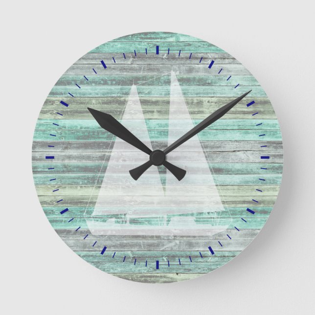 Horloge Ronde Décoration côtière rustique voilier (Recto)