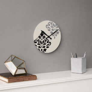 Horloge Ronde Défiler Damask Art I Black Grey Crème
