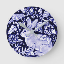 Horloge Ronde Delft Blue Blanc Lapin Lapin Oiseaux Dedham Élégan