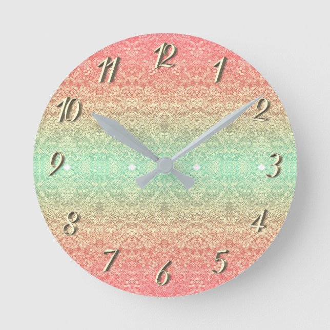 Horloge Ronde Dentelle de séquence motif ombre rose or vert (Recto)