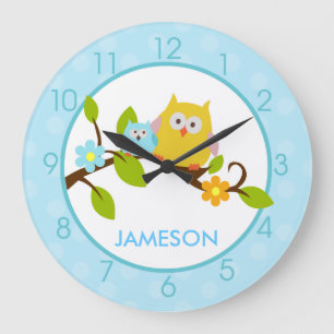Horloge ronde des Chouettes d'arbre joyeux (Bleu)