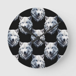 Horloge Ronde Design Motif de tête de loup blanc
