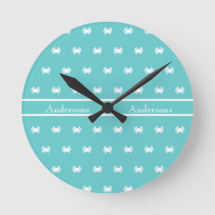 Horloge Ronde Design nautique avec crabe blanc sur bleu Turquois