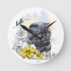 Horloge Ronde Dessin à la main drôle Chat noir britannique avec