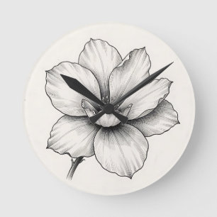 Horloge Ronde Dessin à l'encre de fleur botanique vintage en lig